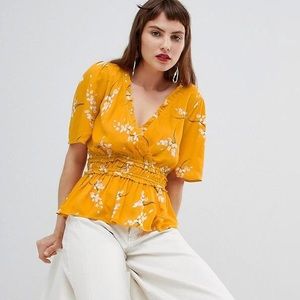 River Island Yellow Wrap Front Floral Tea Blouse